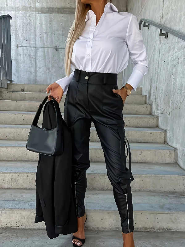 Vintage Chic High-Waisted Faux Leather Pants - Slim-Fit, Zippered, Pocketed, and Comfortable - Womens Fashion Essential for Everyday Wear Flared Skinny,