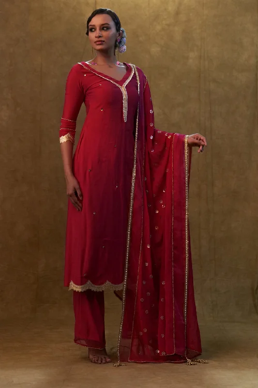 Hot Pink Kurta Set Paired With Sequin Embroidery Dupatta And Pants Denim Trousers,