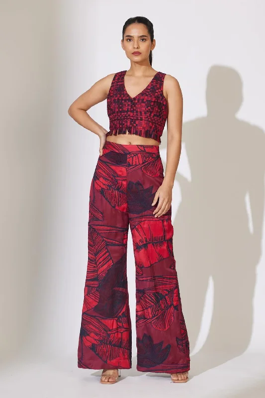 Red And Maroon Floral Embroidered Pants Comfort Wide-Leg,