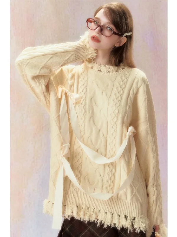 College Style Ribbon Jacquard Sweater【s0000006466】 Handmade Hand-knitted Hand-woven