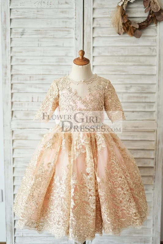 Modest Gold Lace Pink Lining Short Sleeves V Back Wedding Flower Girl Dress