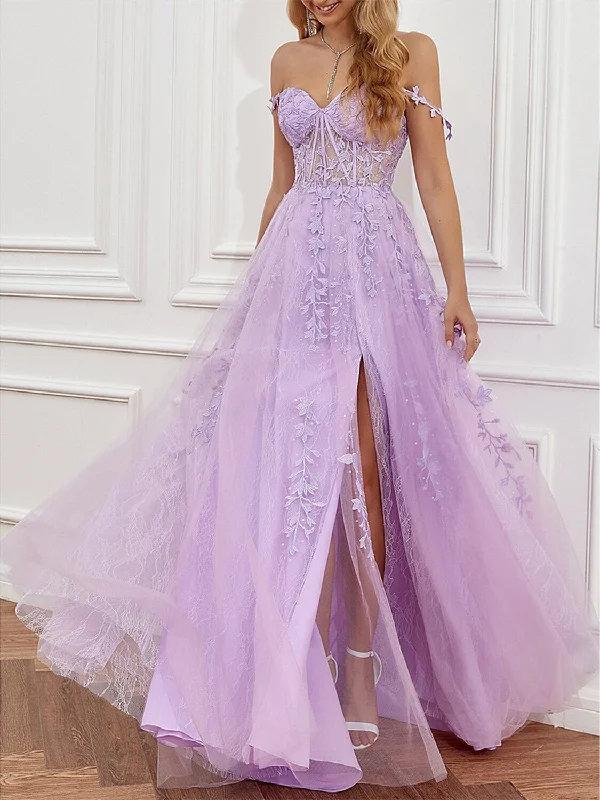 A-Line Sweep/Brush Train Sleeveless Sweetheart Tulle Backless Prom Dress with Beading Slit Appliques A-Line Sweep/Brush Train Sleeveless Sweetheart Tulle Backless Prom Dress with Beading Slit Appliques