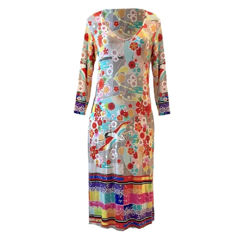 Johnny Was Women Fuji High Slit 3/4 Sleeve Midi Length Knit Dress Multi Color