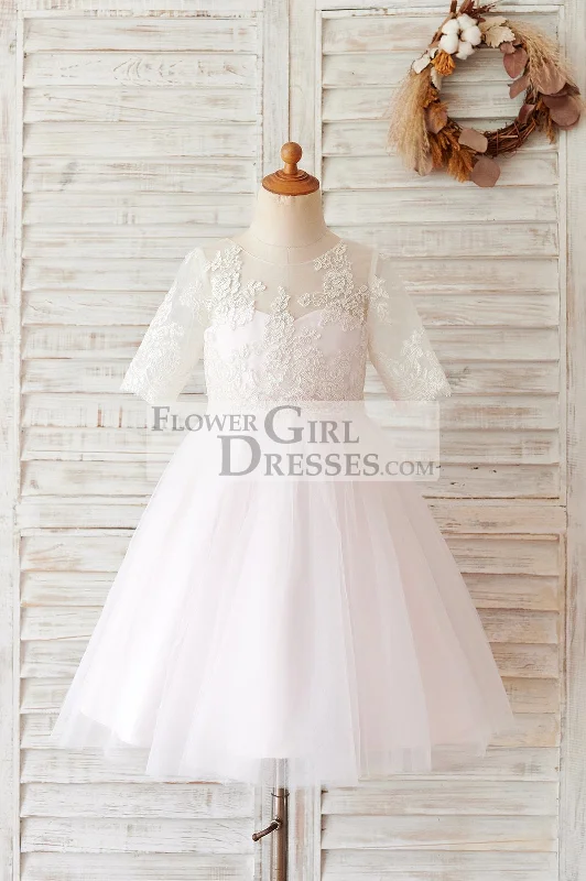 Princess Ivory Lace Pink Tulle Short Sleeves Wedding Flower Girl Dress