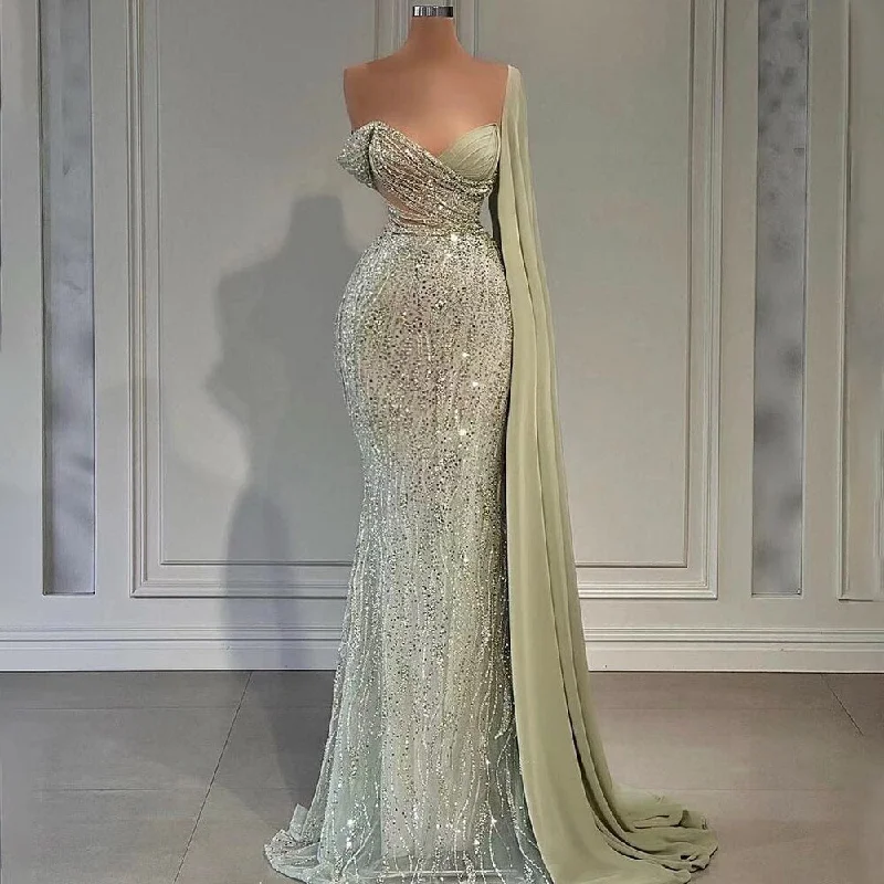 Serene Hill Mint Mermaid Luxury Evening Dresses Gowns Elegant Beaded One Shoulder 2024 For Women Party LA71638