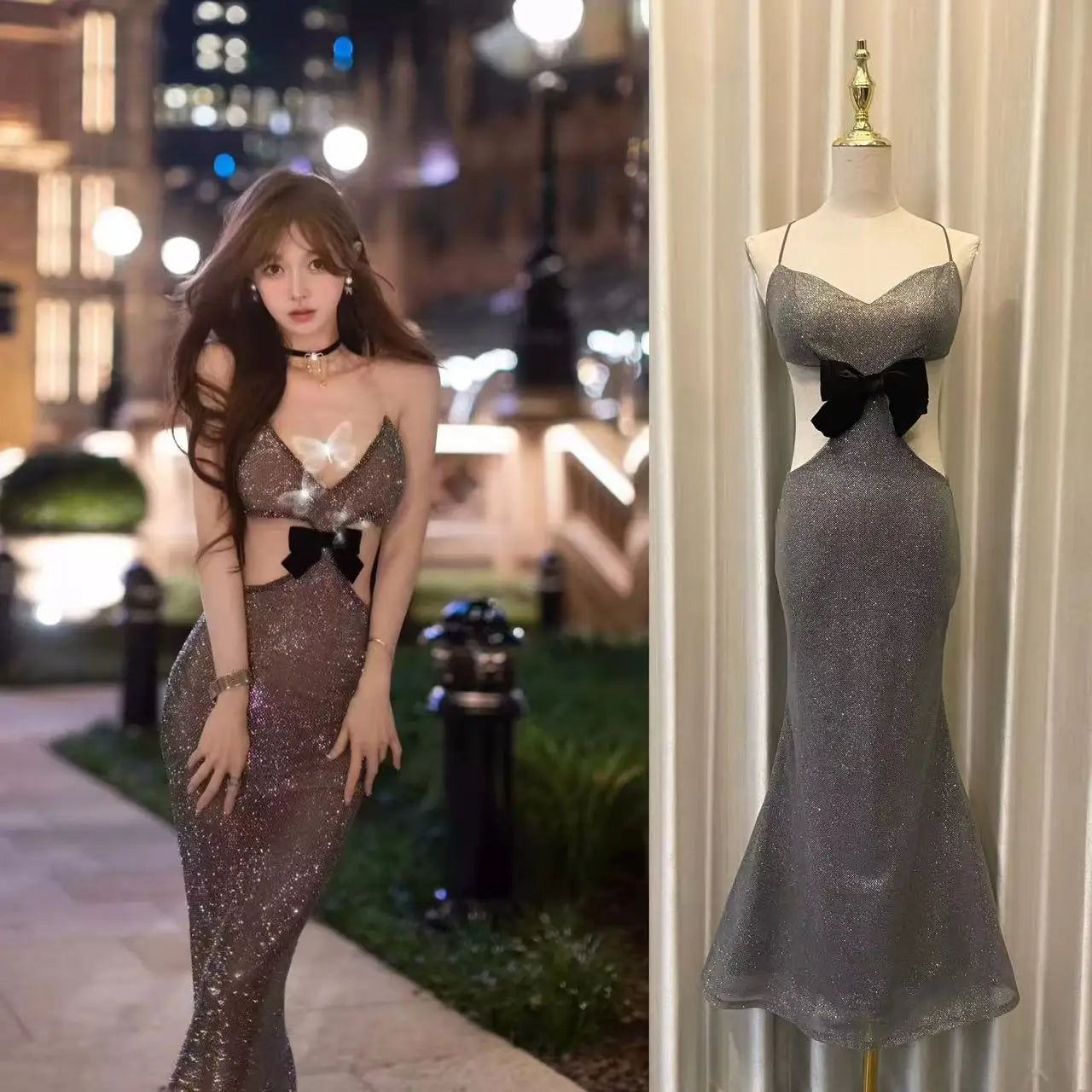Advbridge High Quality French Sexy Lace Up Backless Women V Neck Prom Club Mermaid Dress Spring Shiny Bow Halter Bodycon Party Long Dress