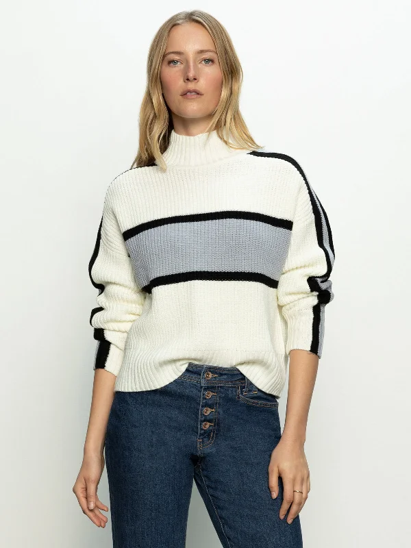 Mock Neck Stripe Sweater Pearl Blue/ Black/ Chalk Stripe Lace Blend Ribbed Blend Corduroy Blend