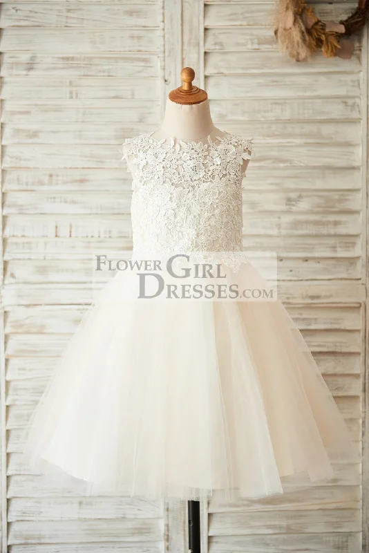 Ivory Lace Champagne Tulle Keyhole Back Wedding Flower Girl Dress