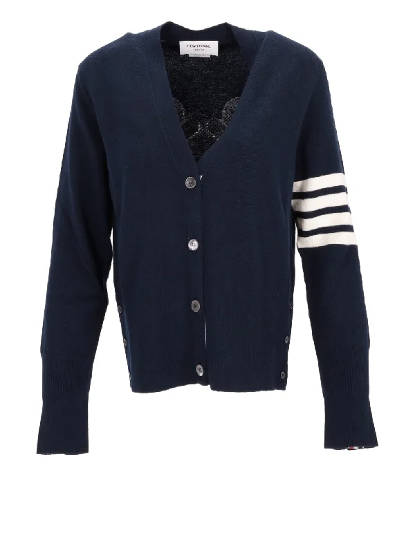 HOLIDAY MR AND MRS THOM JERSEY INTARSIA CLASSIC V NECK CARDIGAN IN MERINO WOOL W/ 4 BAR STRIPE Neon metallic Matte