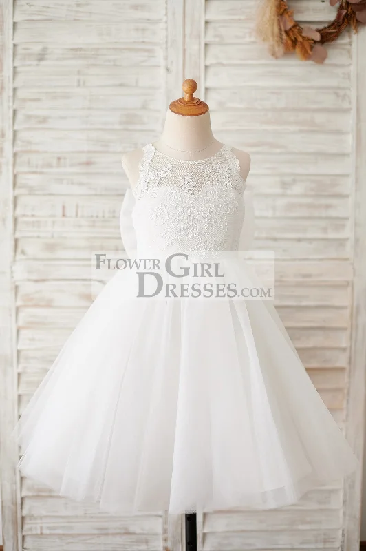 Ivory Lace Tulle Spaghetti Straps Halter Neck Wedding Flower Girl Dress, Bow