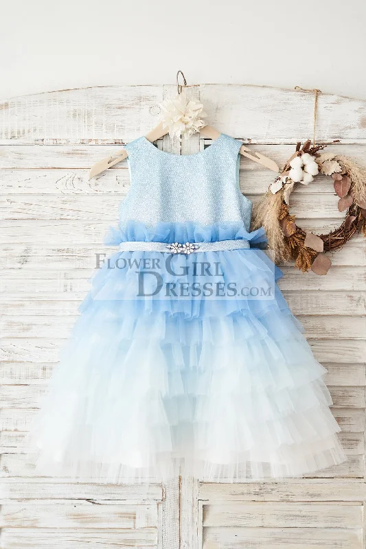 Princess Cupcake Ombre Blue Glittering Tulle Wedding Flower Girl Dress
