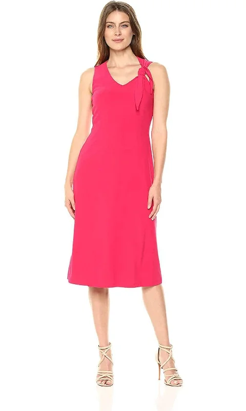 London Times - Tea Length Knotted Shoulder Sheath Dress T3410MSC