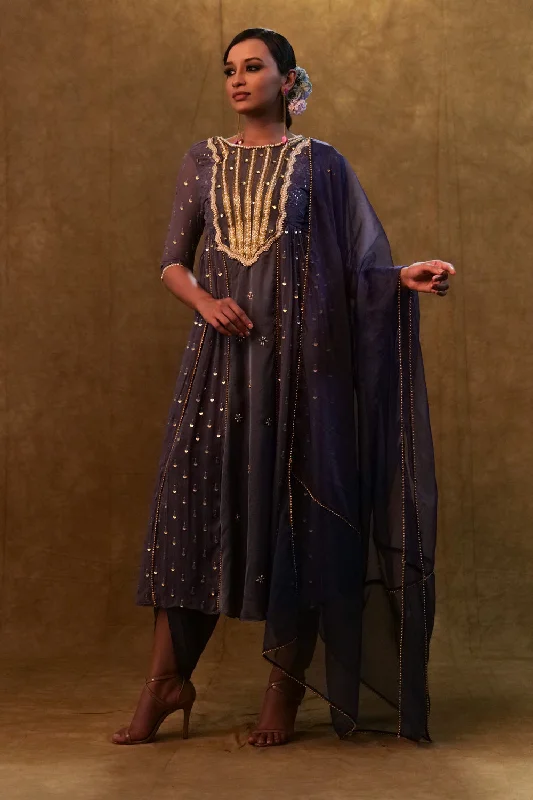 Charcoal Blue Anarkali Suit Paired With Dupatta And Drape Pants. Cotton Jeans,