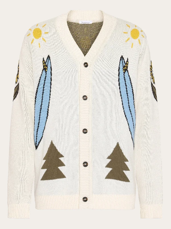Jacquard Trees Yes Please V-neck cotton knit cardigan - GOTS/Vegan - Egret Ribbed Striped Patterned