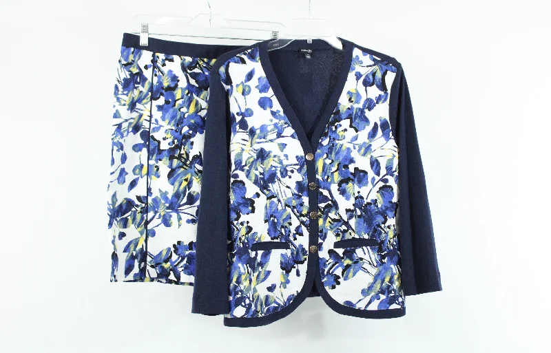 Rafaella Blue Floral 2 Piece Cardigan (L) & Skirt (8 Petite) Set Boxy Cardigan Fitted Cardigan A-Line