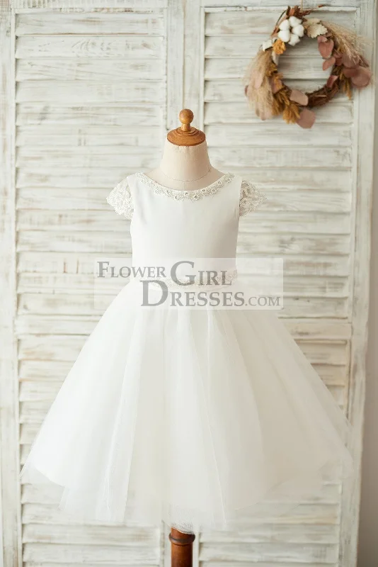 Ivory Satin Tulle Beaded Cap Sleeves Sheer Back Wedding Flower Girl Dress