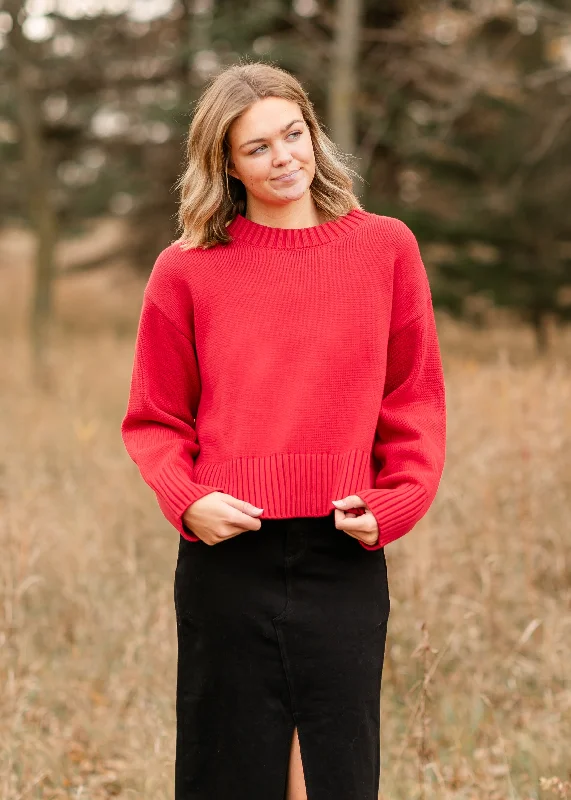 Crewneck Cherry Red Knit Sweater Thin Thick Dense