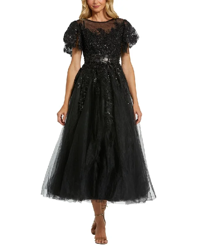 Mac Duggal Embellished Flutter Sleeve Bow Waist A Line Dress