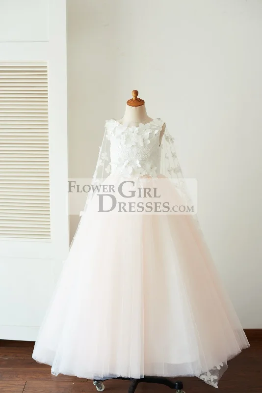 Ivory Lace Pink Tulle Wedding Party Flower Girl Dress, Butterfly Cape