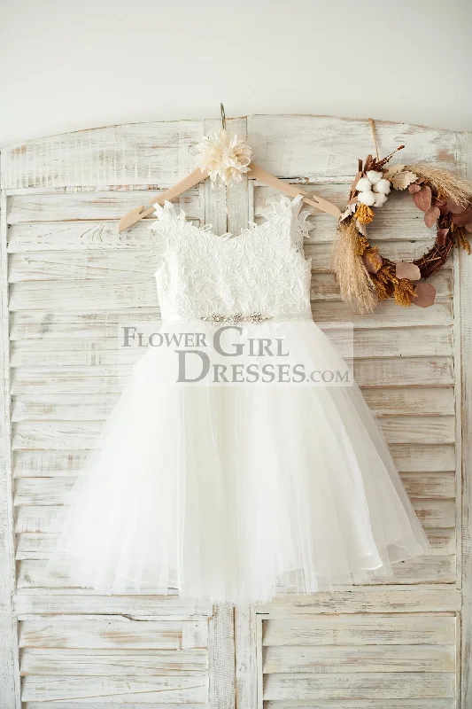 Ivory Lace Tulle Spaghetti Straps Wedding Flower Girl Dress, Beaded Belt