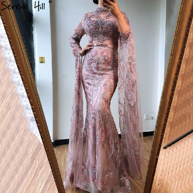 Dubai Pink Mermaid Luxury Evening Dresses 2024 Long Sleeves Crystal Beading Formal Dress Serene Hill LA70595