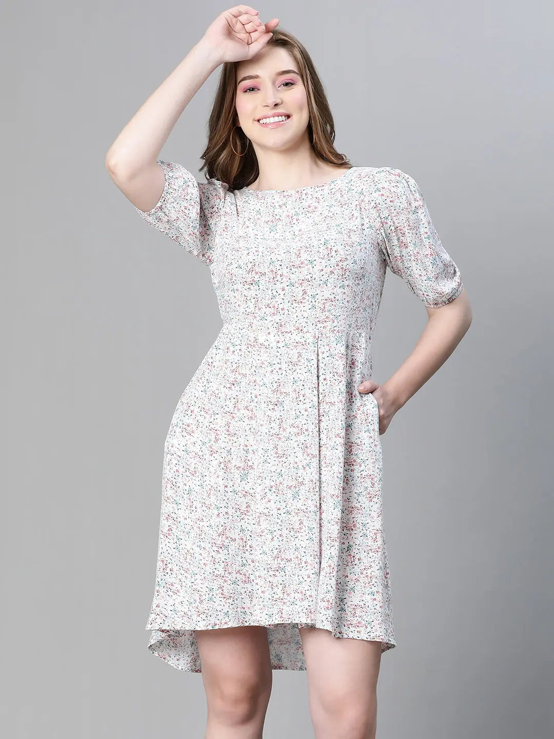 Women ivory color floral print round neck short sleeve flared dress