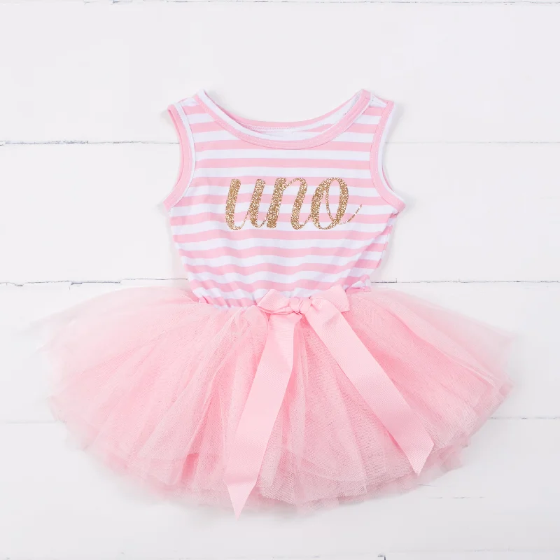 1st Birthday Dress Gold Script Spanish "UNO" Pink Striped Sleeveless