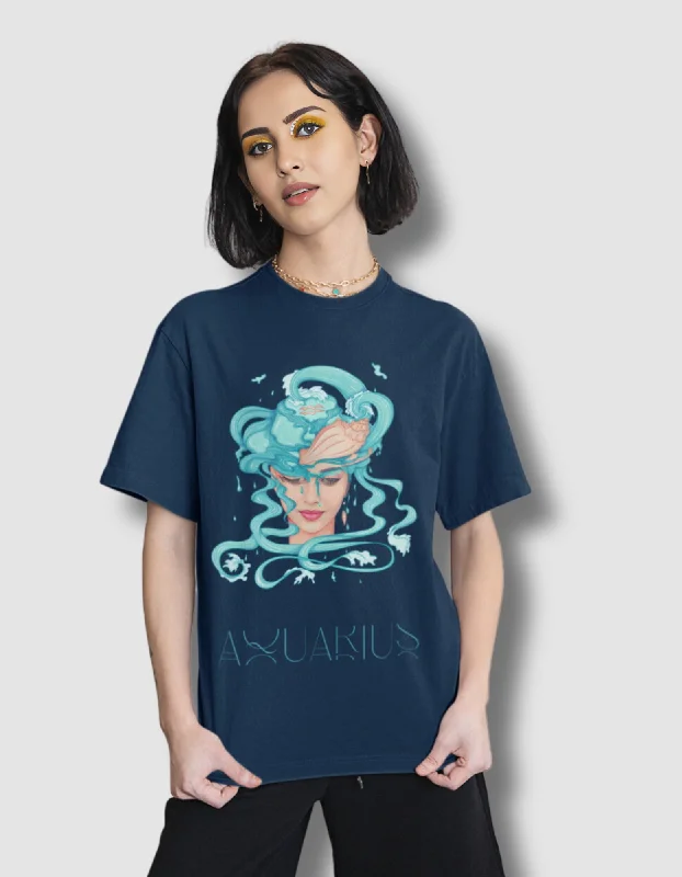 Aquarius Zodiac Graphic Printed Oversized T-Shirt For Women Cotton Fabric Linen Fabric Terry Fabric