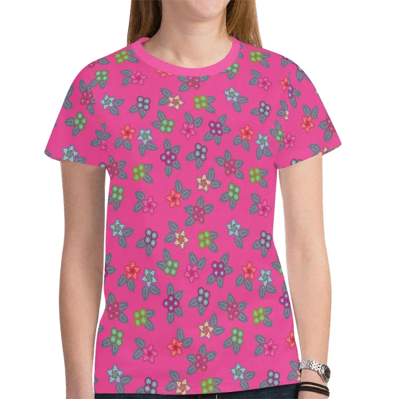 Berry Flowers T-shirt for Women Denim Fabric Leather Fabric Suede Fabric