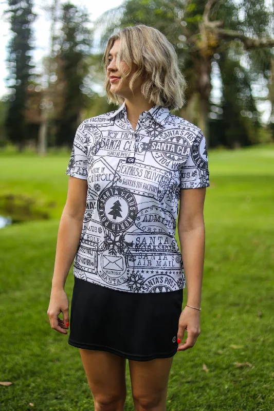 CA Ladies Funky Golf Shirt | Christmas Stamps Print Jacquard Patchwork