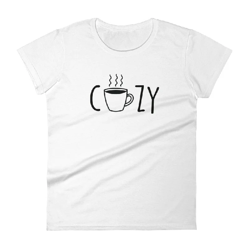 Cozy Coffee: White Ladies T-Shirt Zippered Buttoned Snapped