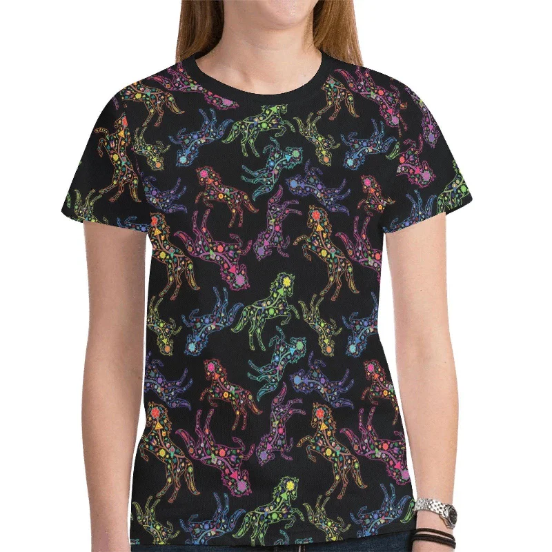 Neon Floral Horses T-shirt for Women Zippered Front Buttoned Front Snap Front