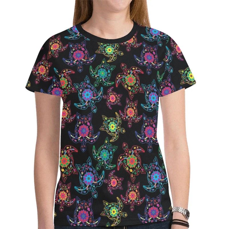 Neon Floral Turtles T-shirt for Women Anti-Pilling Machine Wash Handmade