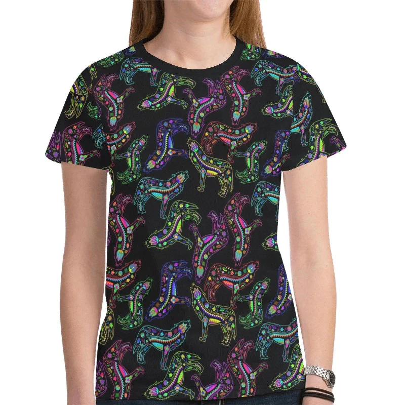 Neon Floral Wolves T-shirt for Women Handmade Hand-knitted Hand-woven