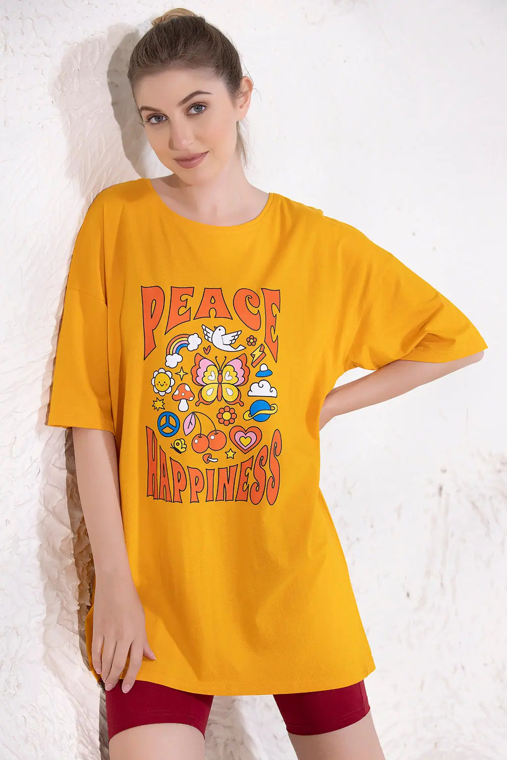 Graphic & Text Print Oversized T-shirt in Mustard Yellow - 100% Cotton-LT0166A07L Satin Blend Silk Blend Wool Blend