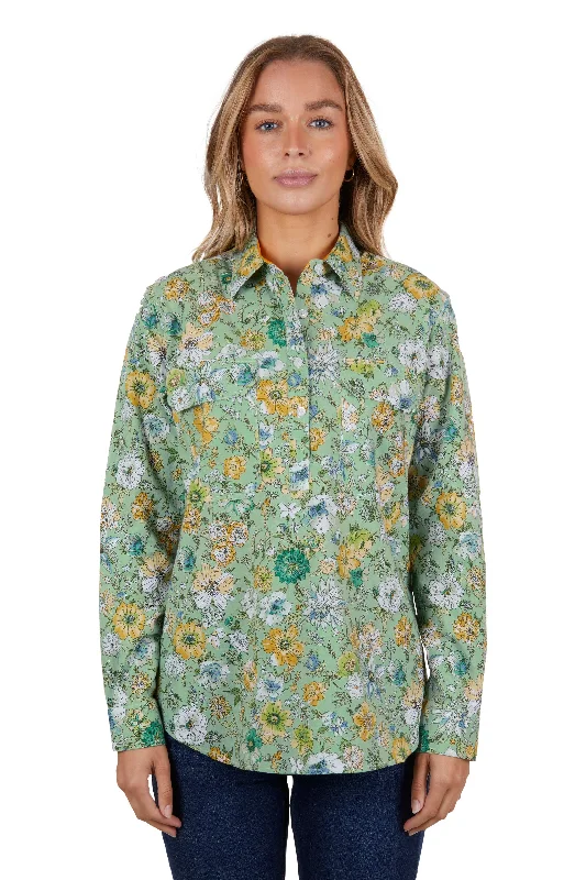 Hard Slog Ladies Tui Half Placket L/S Shirt - Green - H4S2101047 Lace Blend Ribbed Blend Corduroy Blend