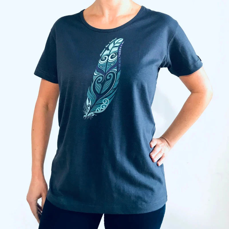 Ladies Fitted T-Shirt - Feather Collared T-Shirt Boat Neck A-Line