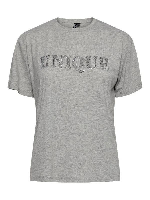 Pieces UNIQUE Tee -LIGHT GREY MELANGE Print Jacquard Patchwork