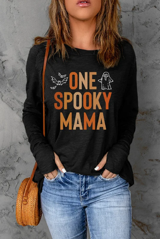 Round Neck Long Sleeve ONE SPOOKY MAMA Graphic T-Shirt Iron Safe Non-Iron Wrinkle Free