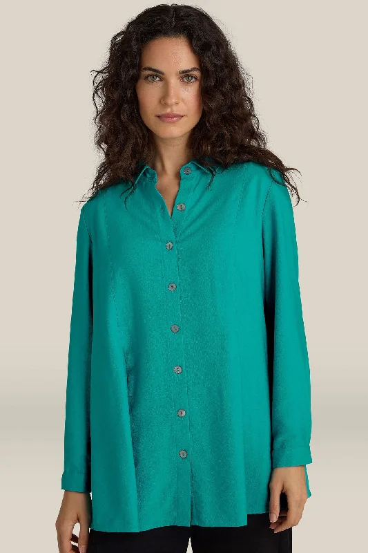 Sahara JFT5395-TXV Turquoise Textured Viscose Pleat Shirt Notch Collar Peter Pan Collar Cowl Neck