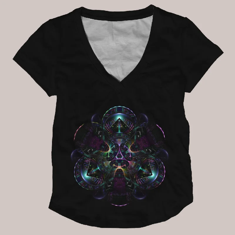 Visionary Art V-Neck Shirt (UV/RGB, Eco-Friendly, Womens) | NEUROVOID: CEREBRAL NEXUS Solid Print Embellished