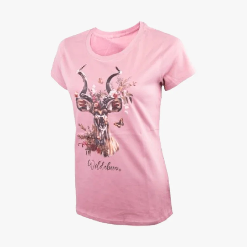 Wildebees Womens Enchanted Kudu Short Sleeve Tee Mauve Glow Mesh Fabric Canvas Fabric Denim Fabric