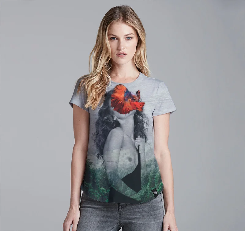 Womens Crew Tee, Fish Fairy Asymmetrical Pockets Print