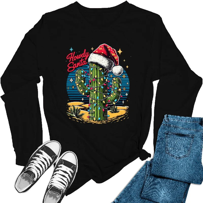 Women's Howdy Santa Christmas Cactus Holiday Long Sleeve Graphic Tees Mesh Blend Leather Blend Suede Blend