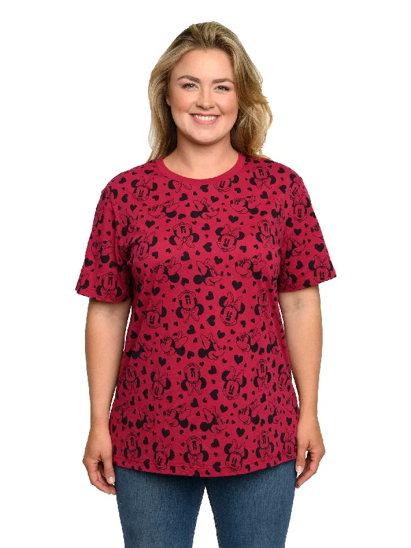 Minnie Mouse T-Shirt Hearts All-Over Print Cranberry Red Women's Plus Size Tee Graphic Embroidered Appliqued