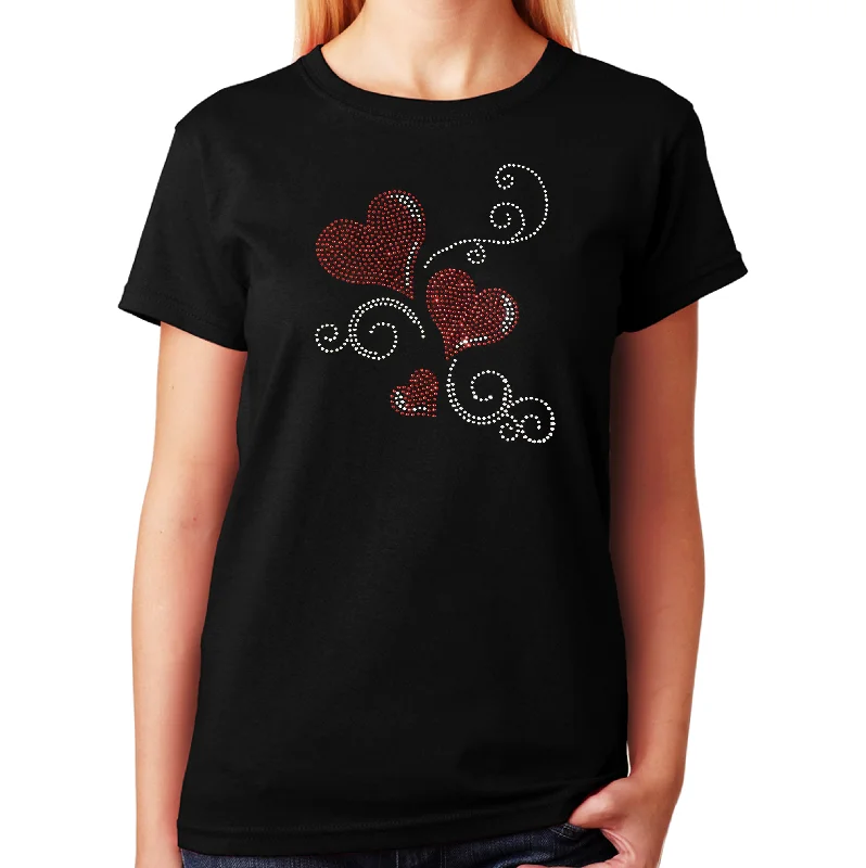 Women's / Unisex T-Shirt with 3 Red Hearts and Swirls in Rhinestones Real Fur Shearling Chenille