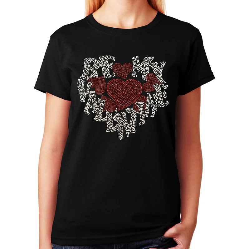 Women's / Unisex T-Shirt with Be My Valentine with Red Hearts in Rhinestones Cashmere Blend Cotton Blend Poly Blend