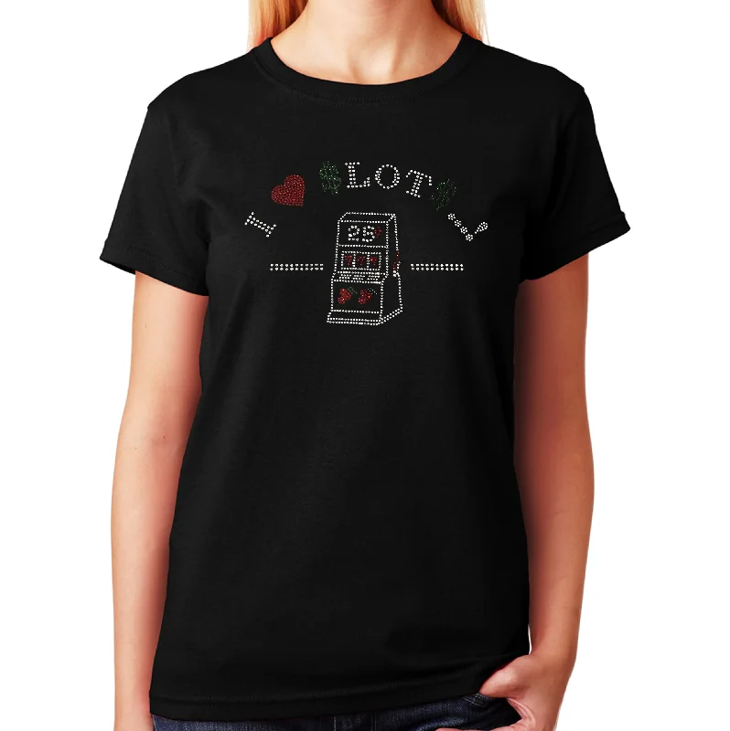 Women's / Unisex T-Shirt with I Love Slot Machines in Rhinestones Beaded Sequined Faux Fur