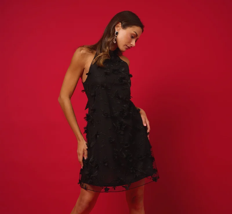 3D Floral Embroidered Trapeze Dress With Open Bow Back In Black Tunics Fashionable trendy 3D Floral Embroidered Trapeze Dress With Open Bow Back In Black Tunics Fashionable trendy