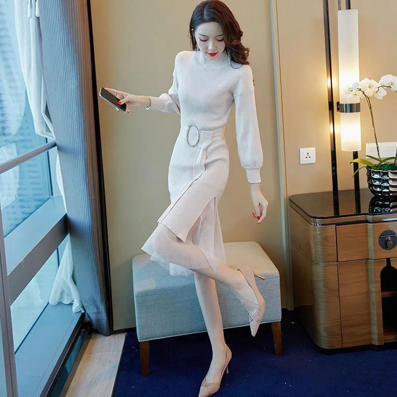 Autumn Winter Women's Long Sweater Dress Calf Length Slim Outer Wear Knit Dress with Belt Tunics Canvas sturdy Autumn Winter Women's Long Sweater Dress Calf Length Slim Outer Wear Knit Dress with Belt Tunics Canvas sturdy
